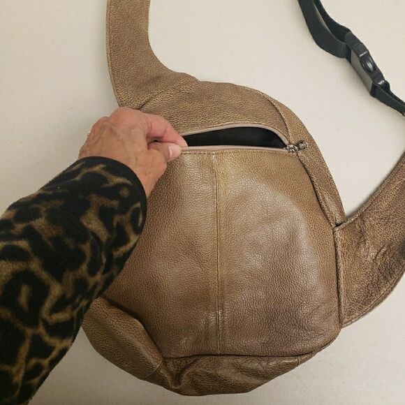 Genuine Leather Crossbody Sling Backpack Unisex Brown Multi Pocket - Picture 9 of 13